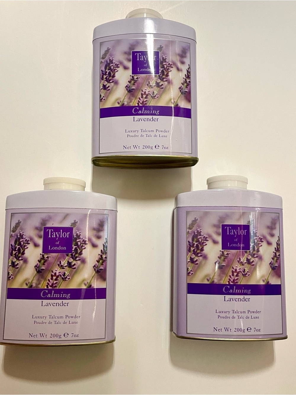 NWT Lot of 3 Taylor of London Calming Lavender Talcum Powder Tins 21oz